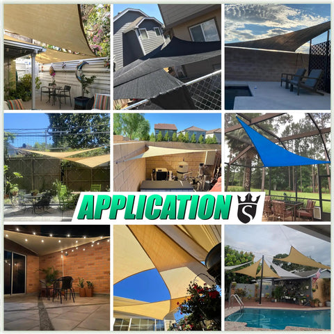 Nine images showing installed Beige Right Triangle Sun Shade Sail 10x10x14 Ft For Patio, 95 Percent UV Block, different perspectives.
