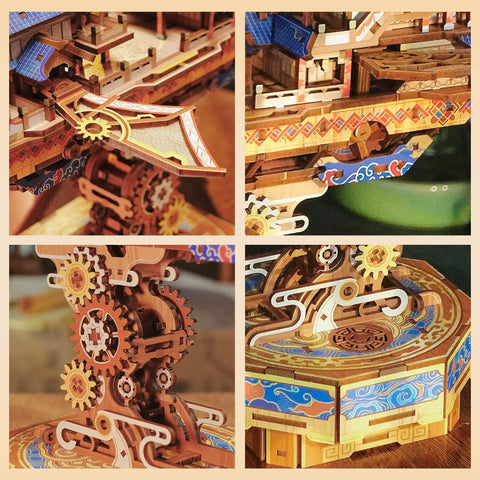 Detailed view of 3D Wooden Puzzle Kit For Adults With DIY Japanese Ship Model showcasing gears and ornate wooden design.