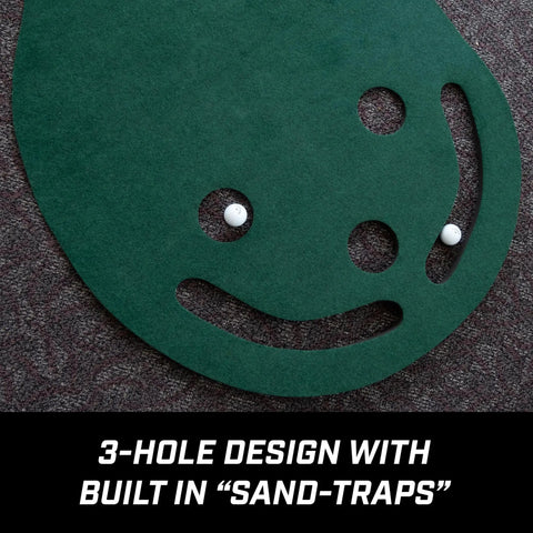 Three Hole Indoor Putting Mat For Home Golf Practice, 3 Foot By 9 Foot With Kidney Shaped Layout, showing triple cups and sand trap cutouts