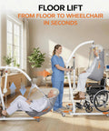 Premium Electric Patient Lift With Ergonomic Breathable Slings used for safe transfer from floor to wheelchair by caregiver.