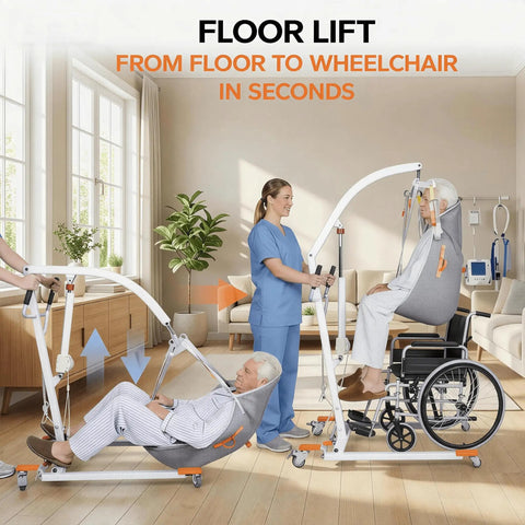 Premium Electric Patient Lift With Ergonomic Breathable Slings used for safe transfer from floor to wheelchair by caregiver.