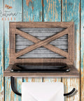 Rustic Farmhouse Toilet Paper Holder With Shelf For Wipes Wall Mounted Brown Wood With Weathered Wood And Galvanized Metal