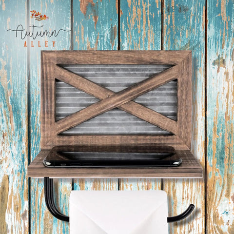Rustic Farmhouse Toilet Paper Holder With Shelf For Wipes Wall Mounted Brown Wood With Weathered Wood And Galvanized Metal