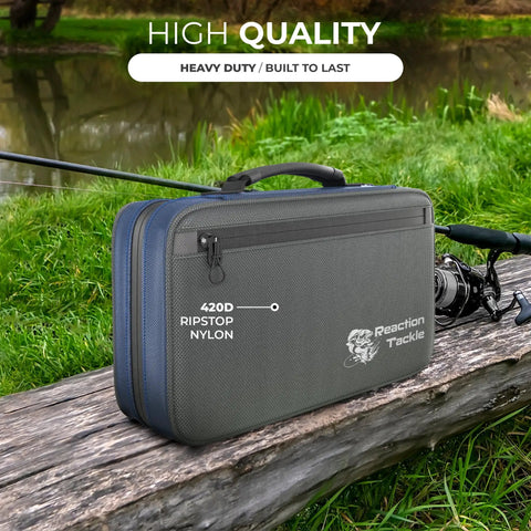 Deluxe Bait Binder For Soft Plastics And Rigs Water Resistant Tackle Storage System on log by pond