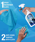 Hand using Dope All In One Electronics Cleaning Spray Kit With Microfiber Towel For TV Phone Monitor Laptop Keyboard Tablet And More Safe Gentle Screen Cleaner 16 Ounce Kit