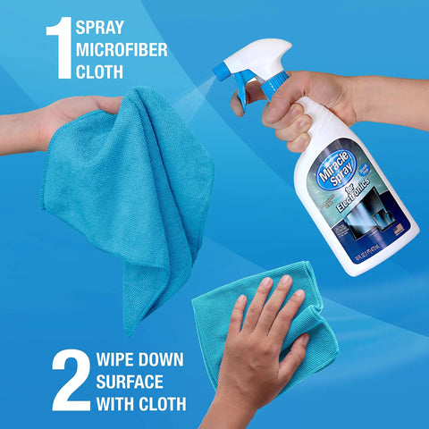 Hand using Dope All In One Electronics Cleaning Spray Kit With Microfiber Towel For TV Phone Monitor Laptop Keyboard Tablet And More Safe Gentle Screen Cleaner 16 Ounce Kit