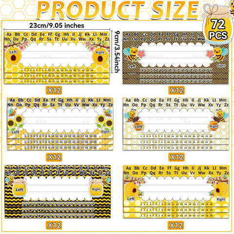 Flat Name Plates With Alphabet And Numbers 72 Pack Self Adhesive Name Tags For Classrooms Bulletin Boards Offices And Home Use Kid Friendly Multi Purpose Labels For Kids And Students Arts And Crafts showcasing 6 bee-themed designs.