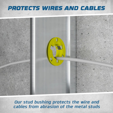 250 Count Polypropylene Wire Pull Bushings For Metal Studs Bulk Pack, yellow bushing protecting wires from sharp metal edges.