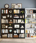 Sturdy Six Tier Bookshelf Tall Storage Rack Nifty Space Saver Display Stand For Living Room And Home Office Black Rustic Shelf Unit showing decorative items and books.