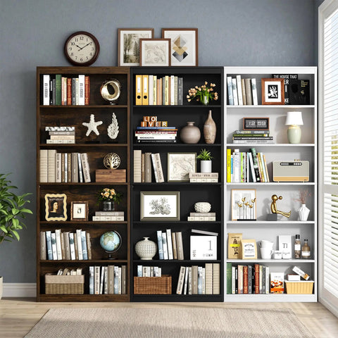 Sturdy Six Tier Bookshelf Tall Storage Rack Nifty Space Saver Display Stand For Living Room And Home Office Black Rustic Shelf Unit showing decorative items and books.