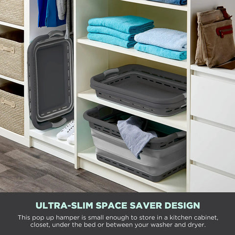 Big 25 Inch Collapsible Laundry Basket With Dual Comfort Grip Handles ultra-slim design stored in closet shelves