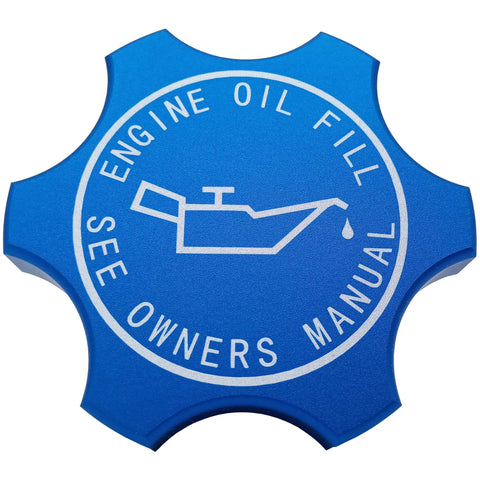 Blue anodized aluminum engine oil filler cap, star-shaped, with oil icon and text 'Engine Oil Fill, See Owners Manual' for various models.