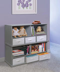 Gray Five-Shelf Stackable Toy Storage Organizer With Three Removable Fabric Bins, solid panel construction, in a playroom