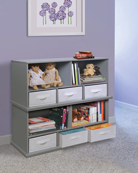 Gray Five-Shelf Stackable Toy Storage Organizer With Three Removable Fabric Bins, solid panel construction, in a playroom