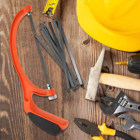 Built Tough Portable Mini Hacksaw Featuring Thickened Carbon Steel Blade and Ten Spare Replacements for effortless wood and metal cutting around tools.