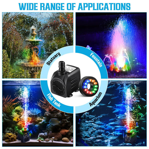 Beast Submersible Fountain Pump With Lights 16W 800 Liters Per Hour Flow 8.86ft Lift Ultra Quiet Operation for versatile use