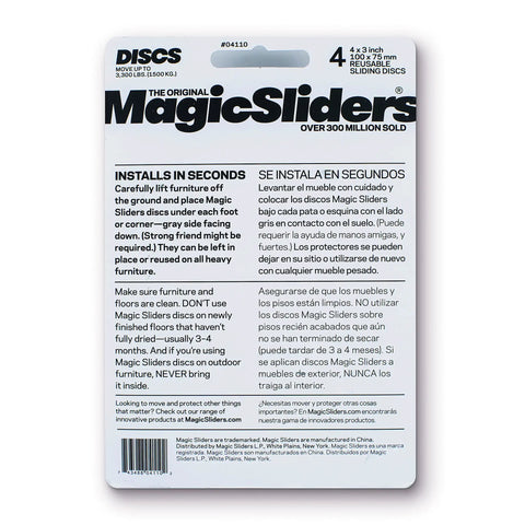 Heavy Duty Self Adhesive Furniture Slides Smooth Moving Discs No Sweat Floor Protectors For Gliding On Hardwood Tile Carpet And Vinyl Surface Savers Four Inch By Three Inch Four Pack Grey packaging instructions and details.