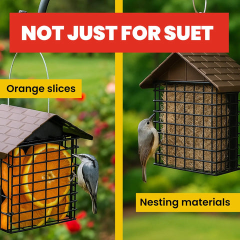 Double Suet Cake Feeder With Weather Guard Built To Last Steel Construction Black Powder Coat Finish Holds Two Suet Cakes To Attract Woodpeckers And Backyard Birds Weatherproof Bird Feeder For Year Round Feeding Measures 6.75 By 5 By 7 Inches, showing orange slices and nesting materials