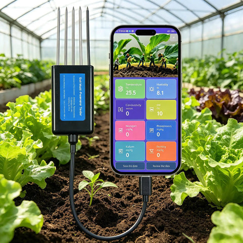 All In One Android Soil Tester With NPK PH Moisture EC Meter in a greenhouse monitoring soil conditions in lettuce plants