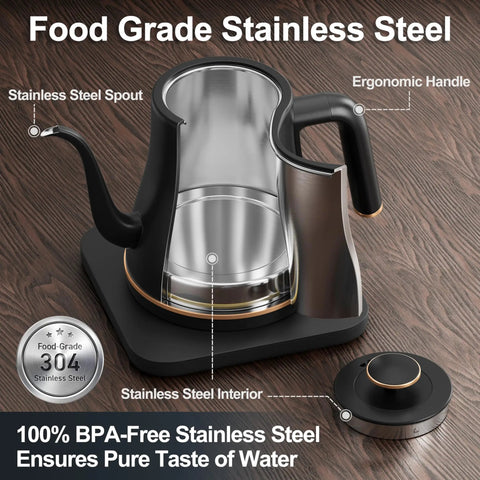 Gooseneck Electric Kettle 0.8L For Pour Over Coffee And Tea With Precision Spout Stainless Steel Inner Lid And Bottom Auto Shut Off Boil Dry Protection Black