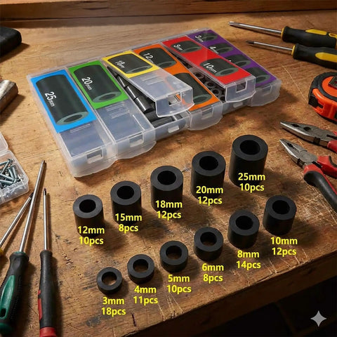 125 Piece Black Nylon Round Spacers Set For Screws And Hardware Non Threaded M6 Standoffs with ID 6.2mm and OD 11mm displayed