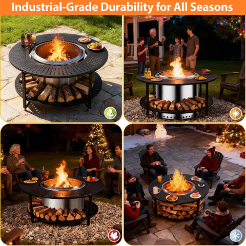 Outdoor use of 40-Inch Compact Fire Pit Surround Tabletop For Solo Stove Ranger With firewood shelf, steel finish