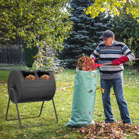 43 Gallon Dual Chamber Tumbler Compost Bin For Outdoor Gardens, Durable Premium Composter, man adding leaves in garden