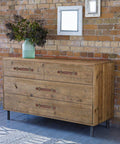 Wooden dresser with Leather Drawer Pulls Set of 2 6.3 Inch Brown Handles, brick wall backdrop, decorative vase