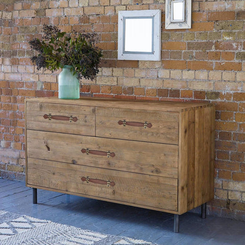 Wooden dresser with Leather Drawer Pulls Set of 2 6.3 Inch Brown Handles, brick wall backdrop, decorative vase