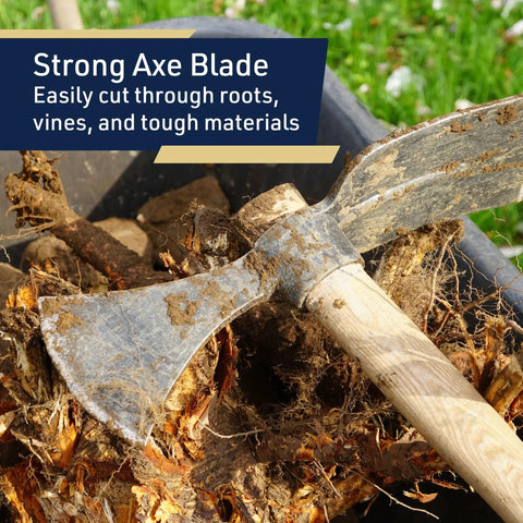 Beast 2 In 1 Garden Tool Mattock With Hoe And Axe, 42 Inch Ash Handle, Carbon Steel Heads, shown cutting through roots