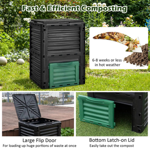 Outdoor Garden Compost Bin 80 Gallon 300L BPA Free Plastic No Fuss Easy Setup Barrel in garden with open lids