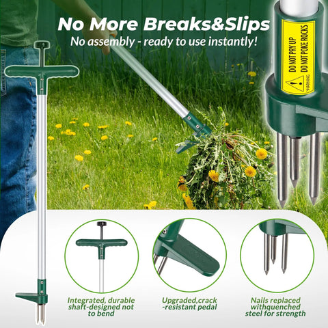Stand Up Weed Puller With 39 Inch Handle 3 Claw Garden Weeder Long Reach Root Pulling Tool For Dandelions No Bend Weeding Handheld Grabber For Easy Weed Removal in use removing dandelions from lawn