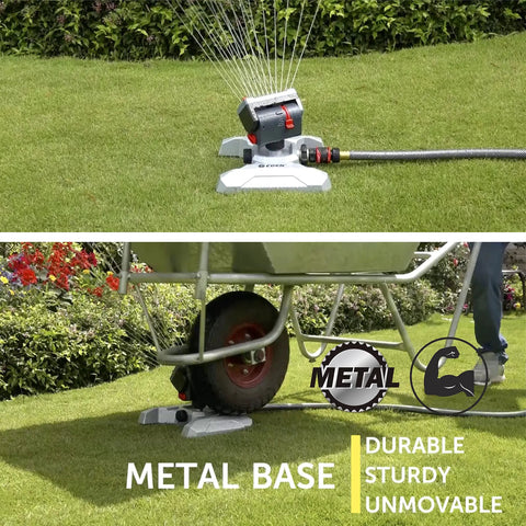 Metal Adjustable 4-Way Mini Turbo Oscillating Sprinkler with Quick Connect Starter Set 20 Nozzles in garden setting, sturdy metal base