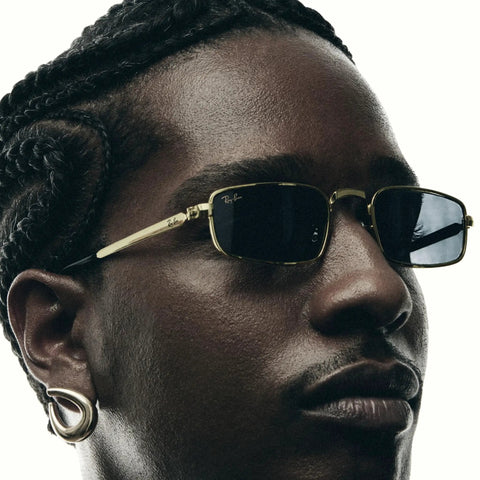 ASAP Rocky RB3927 Wired Metal Collection Rectangular Sunglasses In Black And Dark Grey 54mm Lens Width, close-up view