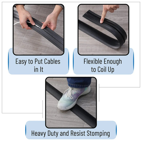 6 Ft Floor Cord Cover Cable Protector for Office Home and Outdoor Use, showing easy cable insertion, flexibility, and durability.
