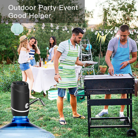 Portable 5 Gallon Electric Water Dispenser With USB Rechargeable Pump at outdoor barbecue event with people cooking and socializing.