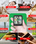 Room Thermometer And Hygrometer Real Time Temperature And Humidity Monitor With Fast Five Second Refresh High Accuracy Digital Meter With 24 Hour Max Min Data Ideal For Humidifiers And Air Conditioning Control held in hand showing display for bedroom, living room, nursery, greenhouse, reptile and cigar use