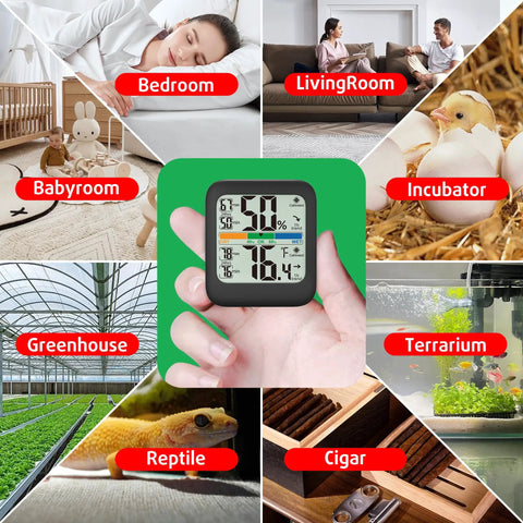 Room Thermometer And Hygrometer Real Time Temperature And Humidity Monitor With Fast Five Second Refresh High Accuracy Digital Meter With 24 Hour Max Min Data Ideal For Humidifiers And Air Conditioning Control held in hand showing display for bedroom, living room, nursery, greenhouse, reptile and cigar use
