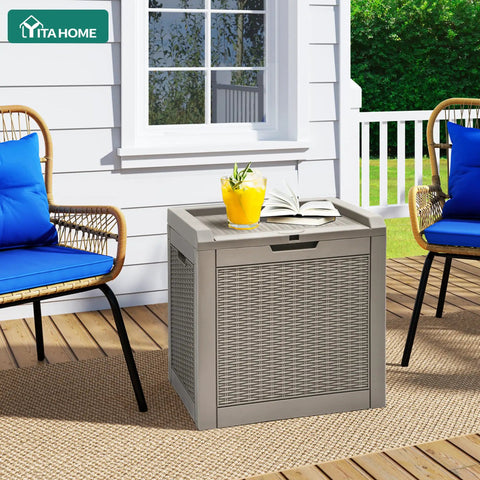 32 Gallon Rattan Deck Box With Lockable Lid And Side Handles, Outdoor Storage Chest on patio, weatherproof resin, brown.