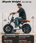 Electric Fat Tire Bike For Adults And Teens With GPS Location, 16 Inch Wheels, 1500W Brushless Motor, 65Nm Peak Torque, Reaches Up To 20 MPH, Handles 30 Percent Grades On Urban Streets And Rugged Trails, rider side view with 330 lb limit