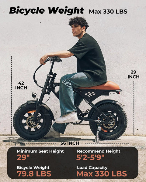 Electric Fat Tire Bike For Adults And Teens With GPS Location, 16 Inch Wheels, 1500W Brushless Motor, 65Nm Peak Torque, Reaches Up To 20 MPH, Handles 30 Percent Grades On Urban Streets And Rugged Trails, rider side view with 330 lb limit