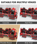 Power Tool Organizer Wall Mount With Locking Drawers Grinder Holder, shown on various wall types: concrete, brick, wood, nail plate.