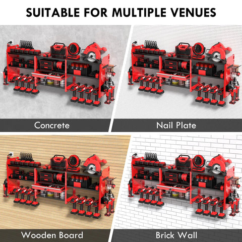 Power Tool Organizer Wall Mount With Locking Drawers Grinder Holder, shown on various wall types: concrete, brick, wood, nail plate.
