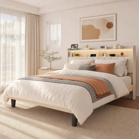 Queen Size Upholstered Bed Frame With Built In Charging Headboard And Hidden Storage Shelves Beige Platform Base in bright bedroom.