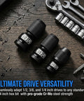 Convert Your Impact Wrench Into An Impact Driver With A Quick Release Adapter Set for 1/2, 3/8, 1/4 inch wrenches, Cr-Mo steel.