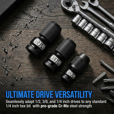 Convert Your Impact Wrench Into An Impact Driver With A Quick Release Adapter Set for 1/2, 3/8, 1/4 inch wrenches, Cr-Mo steel.
