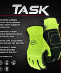 High Visibility Dexterity Work Gloves With Synthetic Leather Palm, Knuckle Guard, Spandex Backing, Abrasion Resistant, Green, Large, Ideal For Warehouse, Construction And Road Work, front view showing features listed