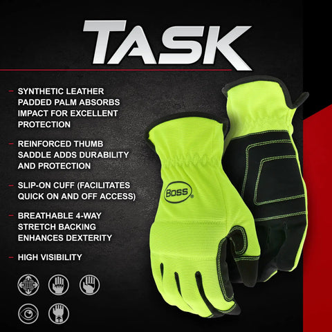 High Visibility Dexterity Work Gloves With Synthetic Leather Palm, Knuckle Guard, Spandex Backing, Abrasion Resistant, Green, Large, Ideal For Warehouse, Construction And Road Work, front view showing features listed