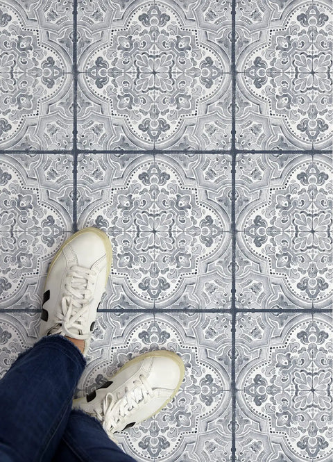 Hastings Peel And Stick Vinyl Floor Tiles Blue Medallion Pattern Water Resistant 12 In By 12 In easy DIY installation