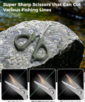 Decked-Out Fishing Tools Kit With 4.6 Inch Scissors on rock by stream, shown cutting braided, monofilament, and fluorocarbon lines